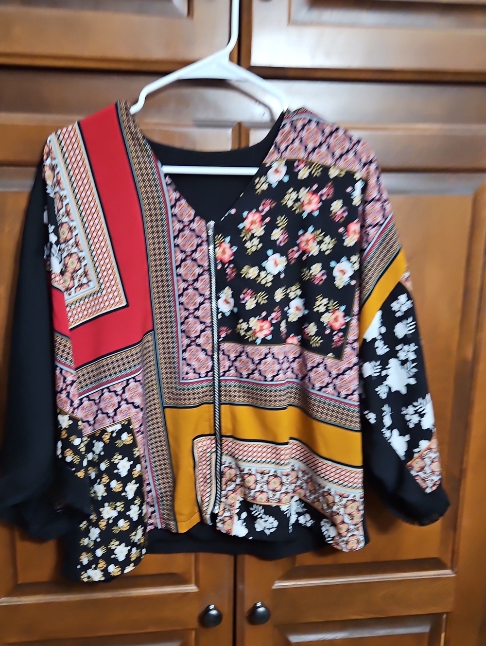Floral Patchwork Zip-Front Jacket - Black/Multi